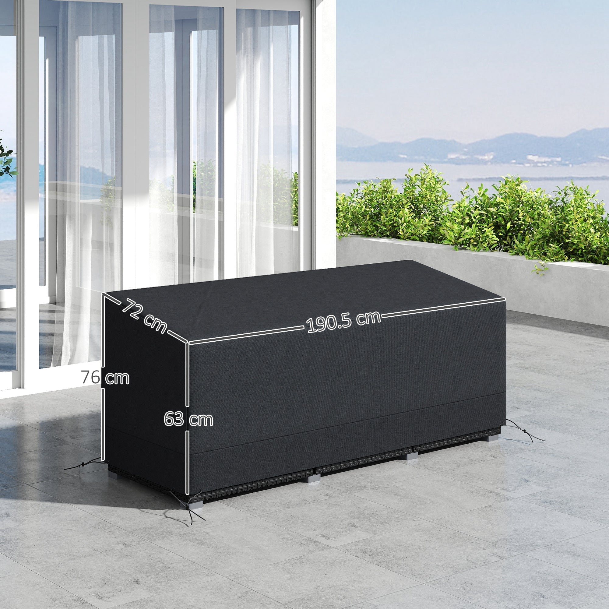 Black rectangular outdoor storage box cover with reinforced corners and adjustable ties made of 600d oxford fabric