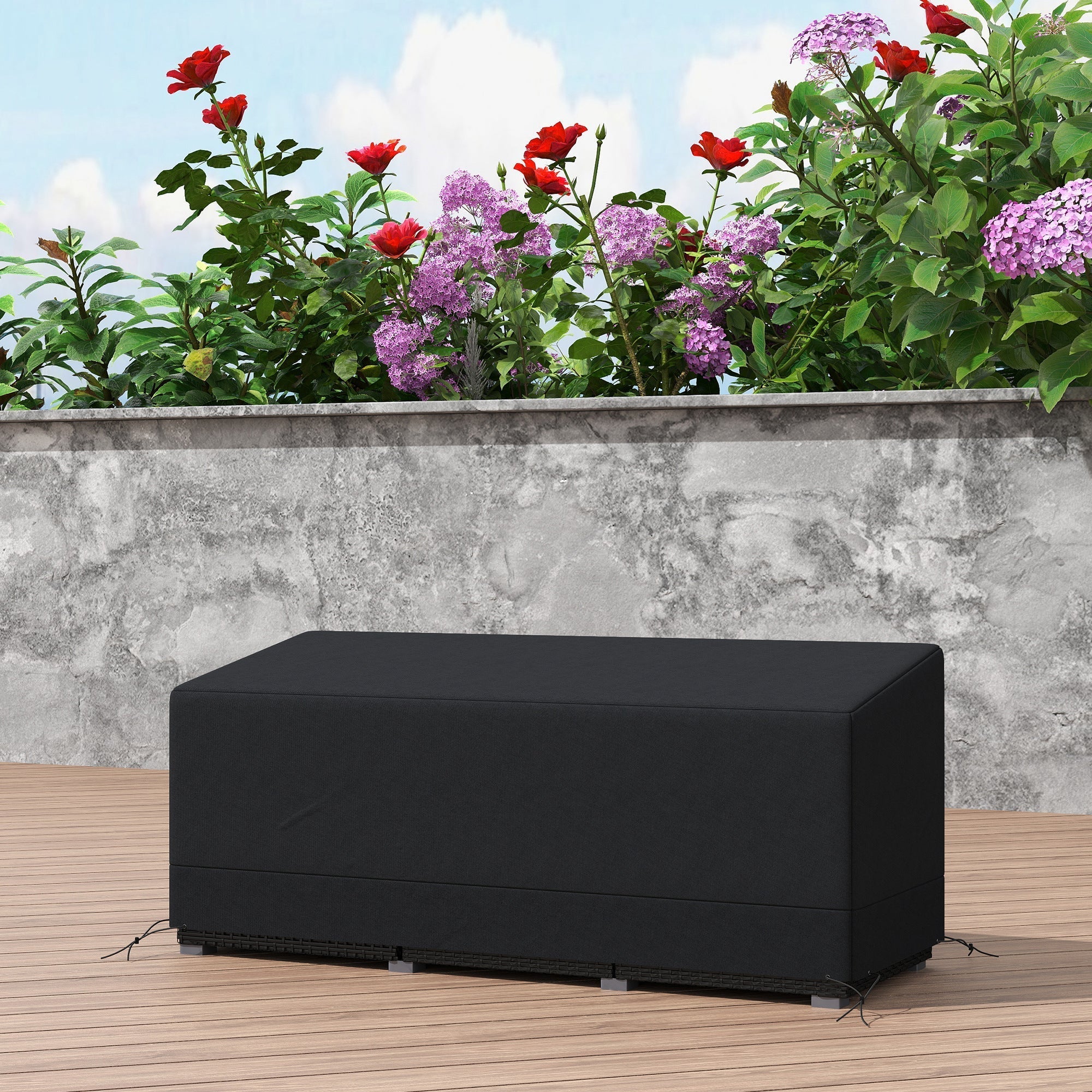 Black outdoor storage box cover made of durable 600d oxford fabric with reinforced corners and adjustable ties
