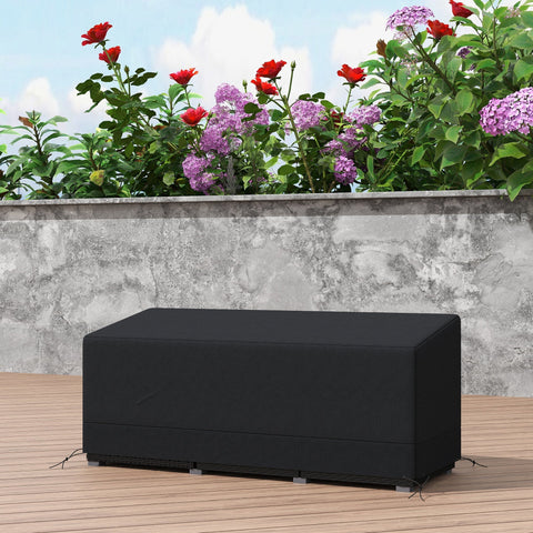 Black outdoor storage box cover made of durable 600d oxford fabric with reinforced corners and adjustable ties