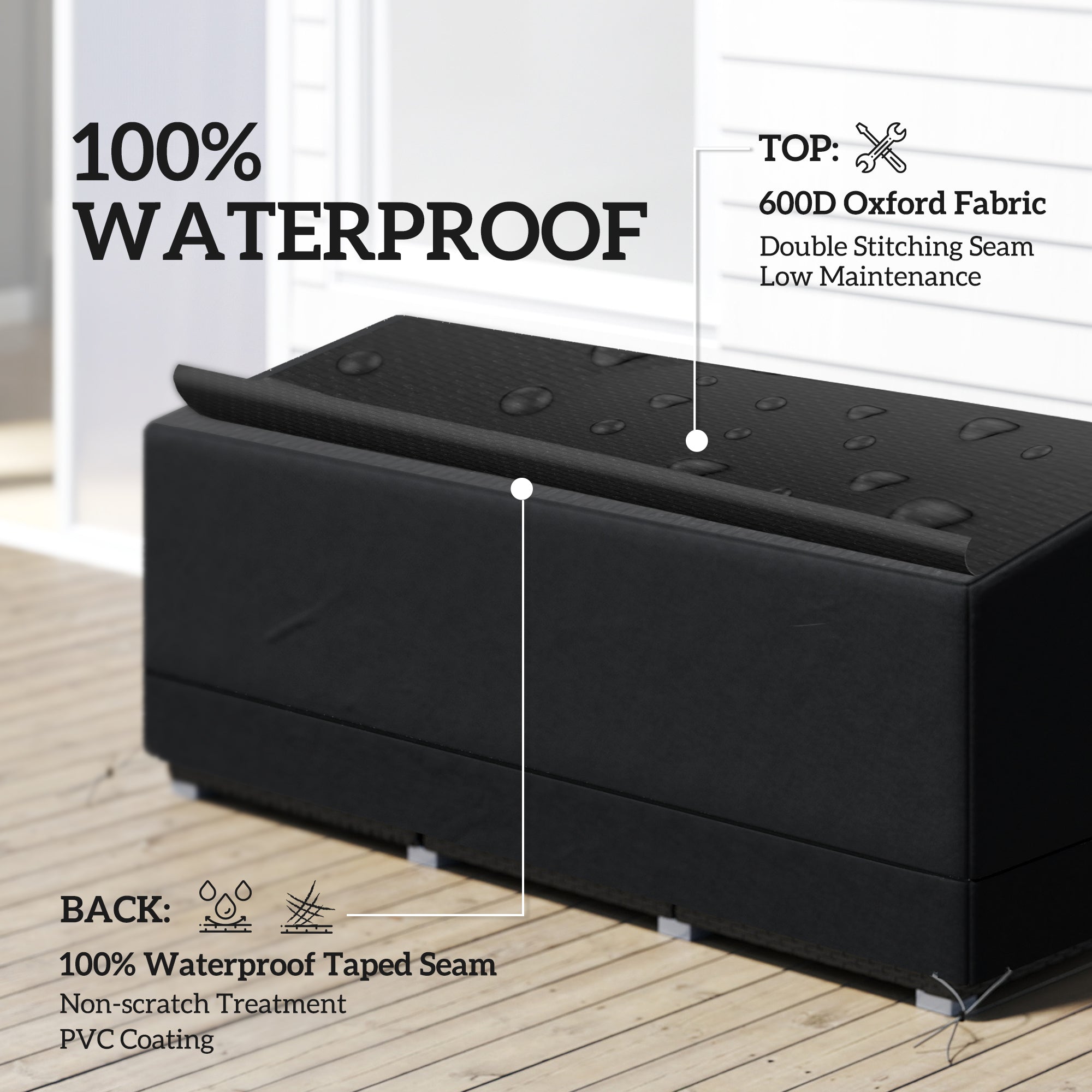 Black outdoor storage bench made of waterproof 600d oxford fabric with pvc coating and taped seams