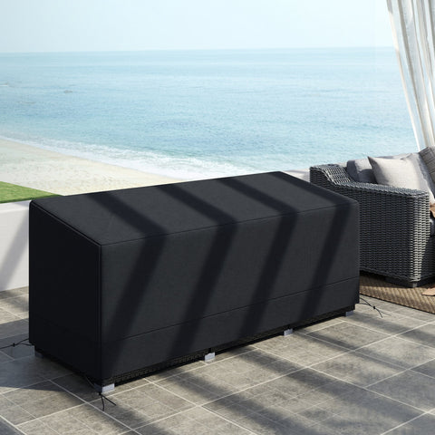 Black outdoor storage box cover with sleek rectangular design made of durable 600d oxford fabric with stitching details