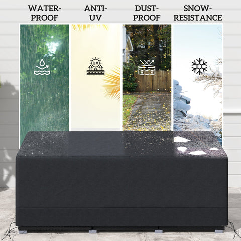 Black waterproof outdoor bench cover made of 600d oxford fabric with reinforced corners for patio furniture