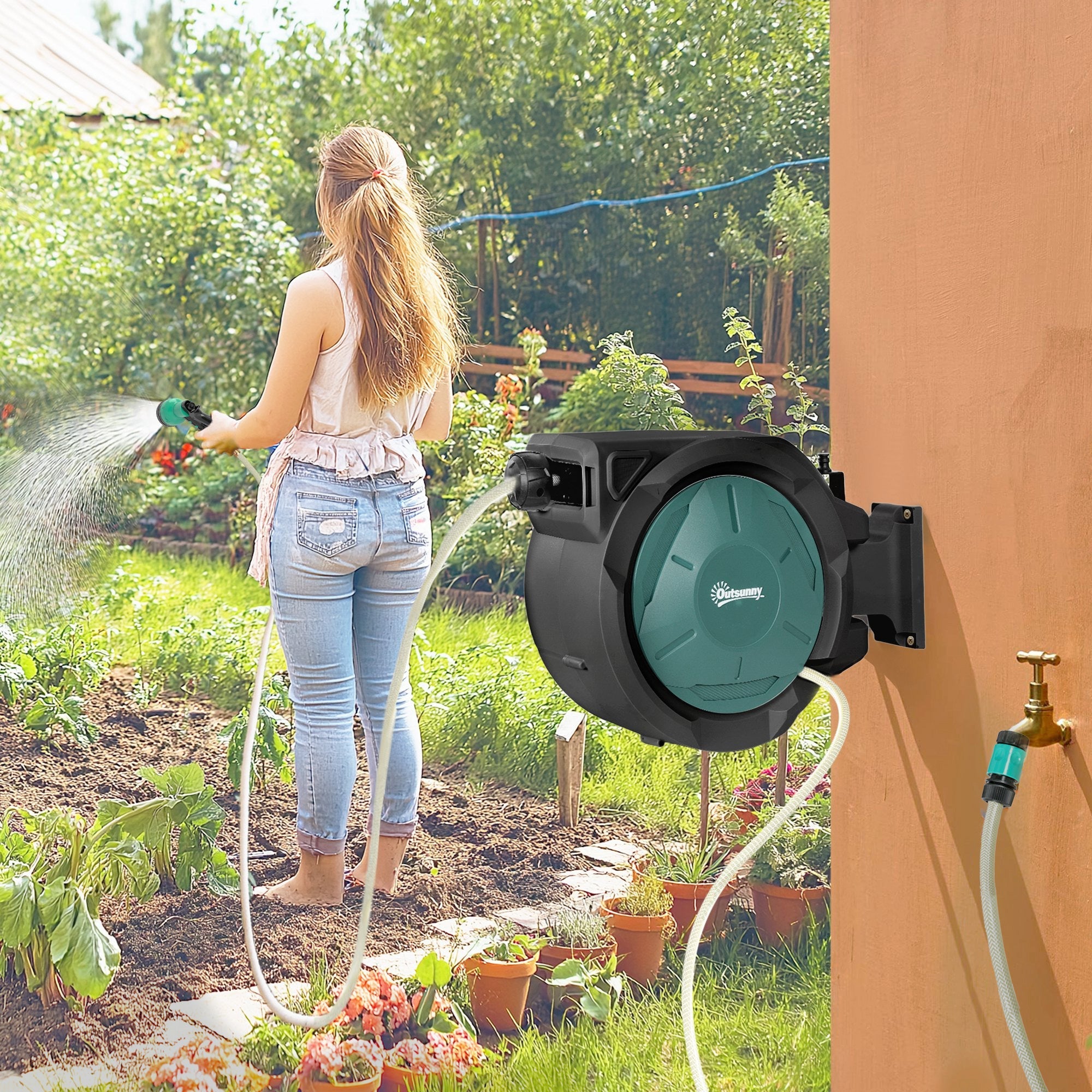 Outsunny retractable hose reel wall mounted in black and teal with 20m water hose and 7 spray nozzle for outdoor use