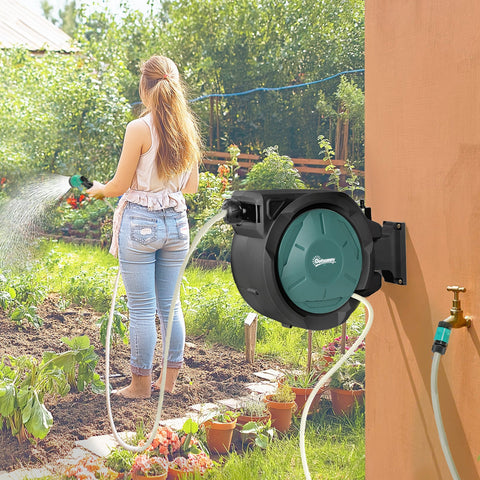 Outsunny retractable hose reel wall mounted in black and teal with 20m water hose and 7 spray nozzle for outdoor use