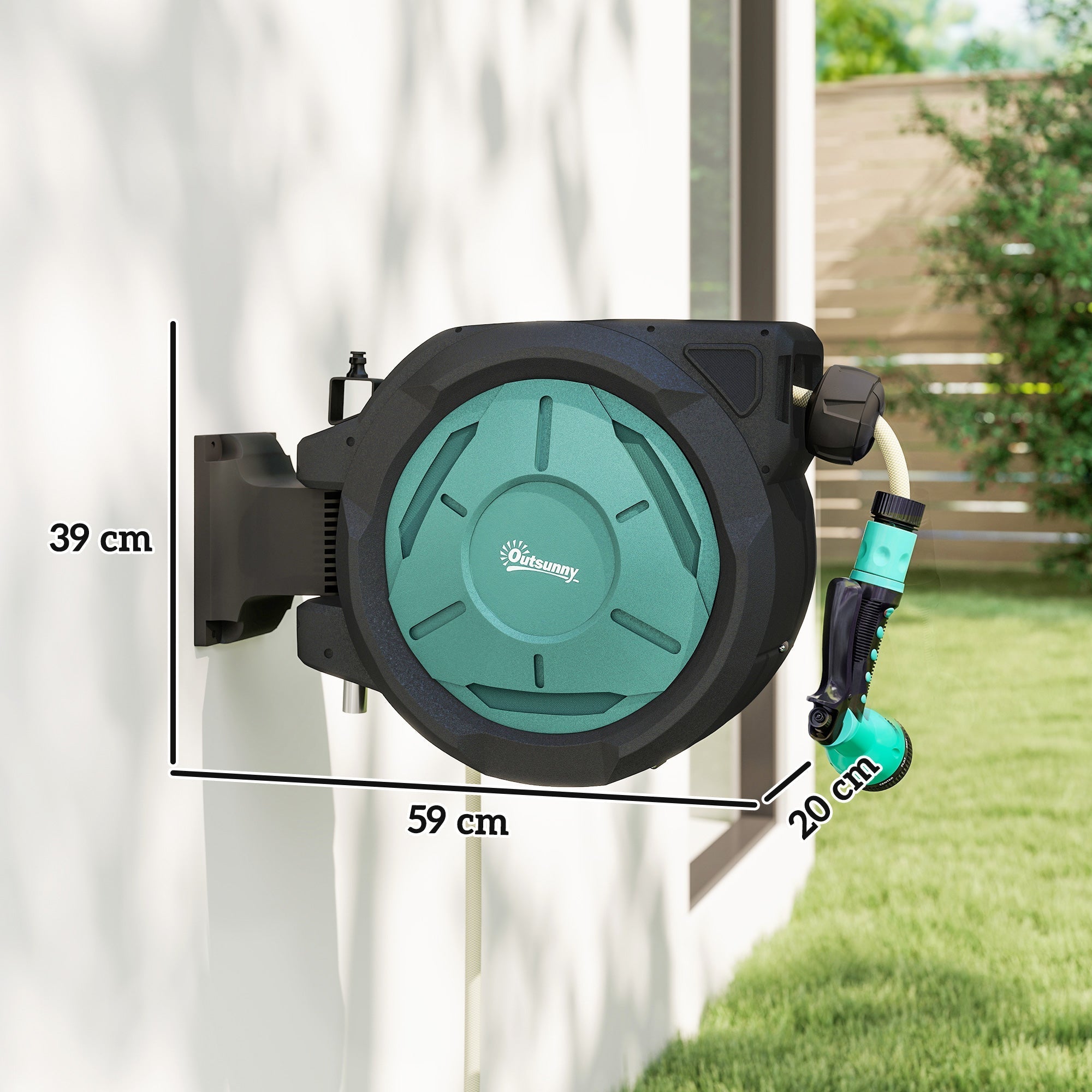 Outsunny teal and black retractable hose reel mounted on wall with auto rewind and 7 in 1 spray nozzle for outdoor use