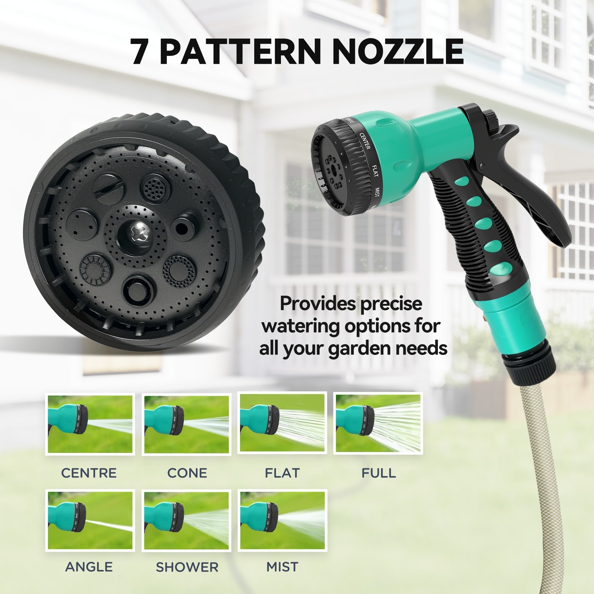 Teal and black 7 pattern spray nozzle for precise watering in outsunny retractable hose reel with lock and auto rewind