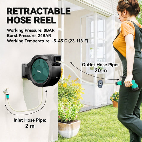 Outsunny black and green retractable hose reel with 20 meter water hose and wall mount for easy outdoor watering