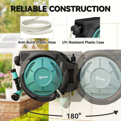 Teal and black Outsunny retractable hose reel with durable plastic case and 20m water hose for outdoor watering