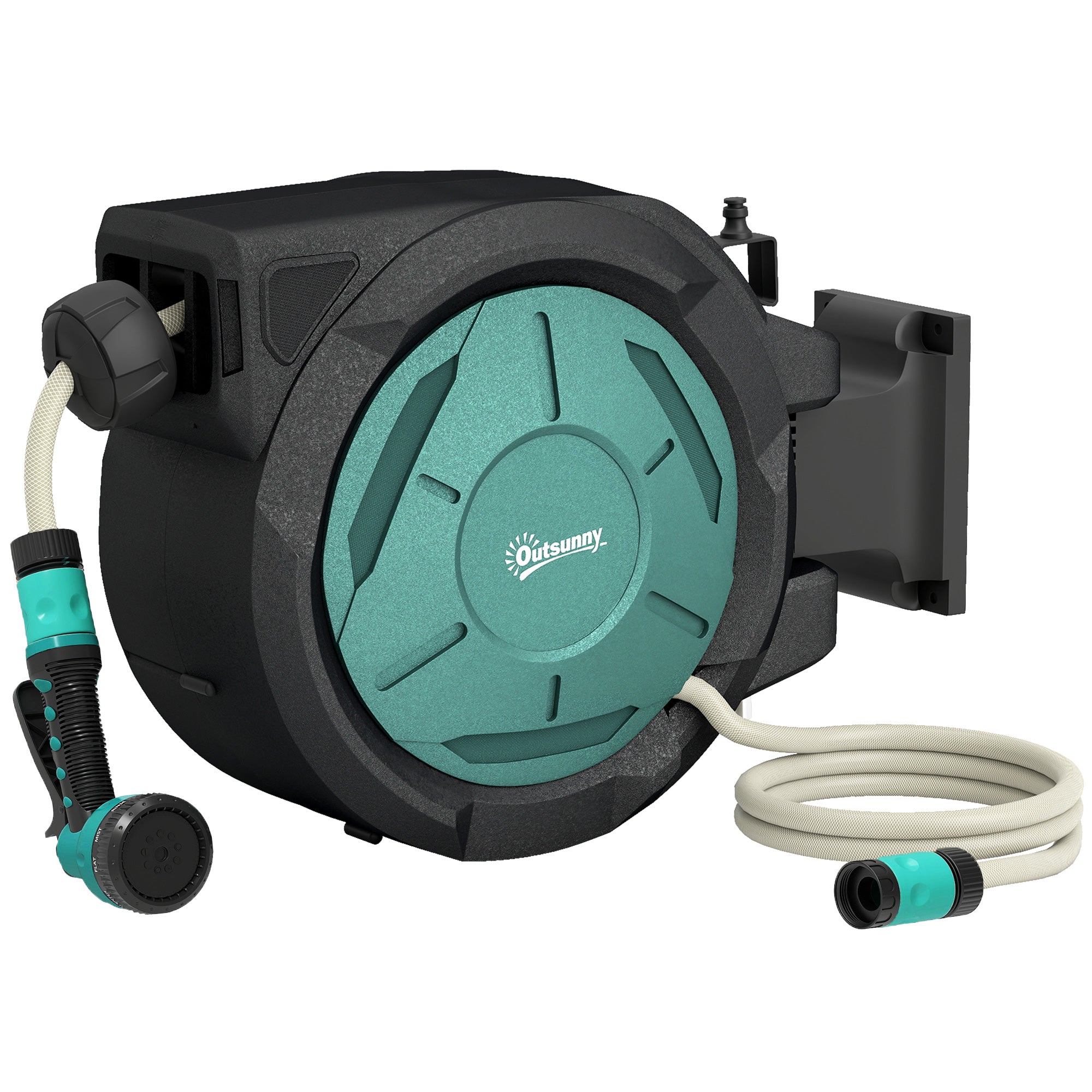 Outsunny retractable hose reel wall mounted in teal and black with coiled white water hose and 7 in 1 spray nozzle