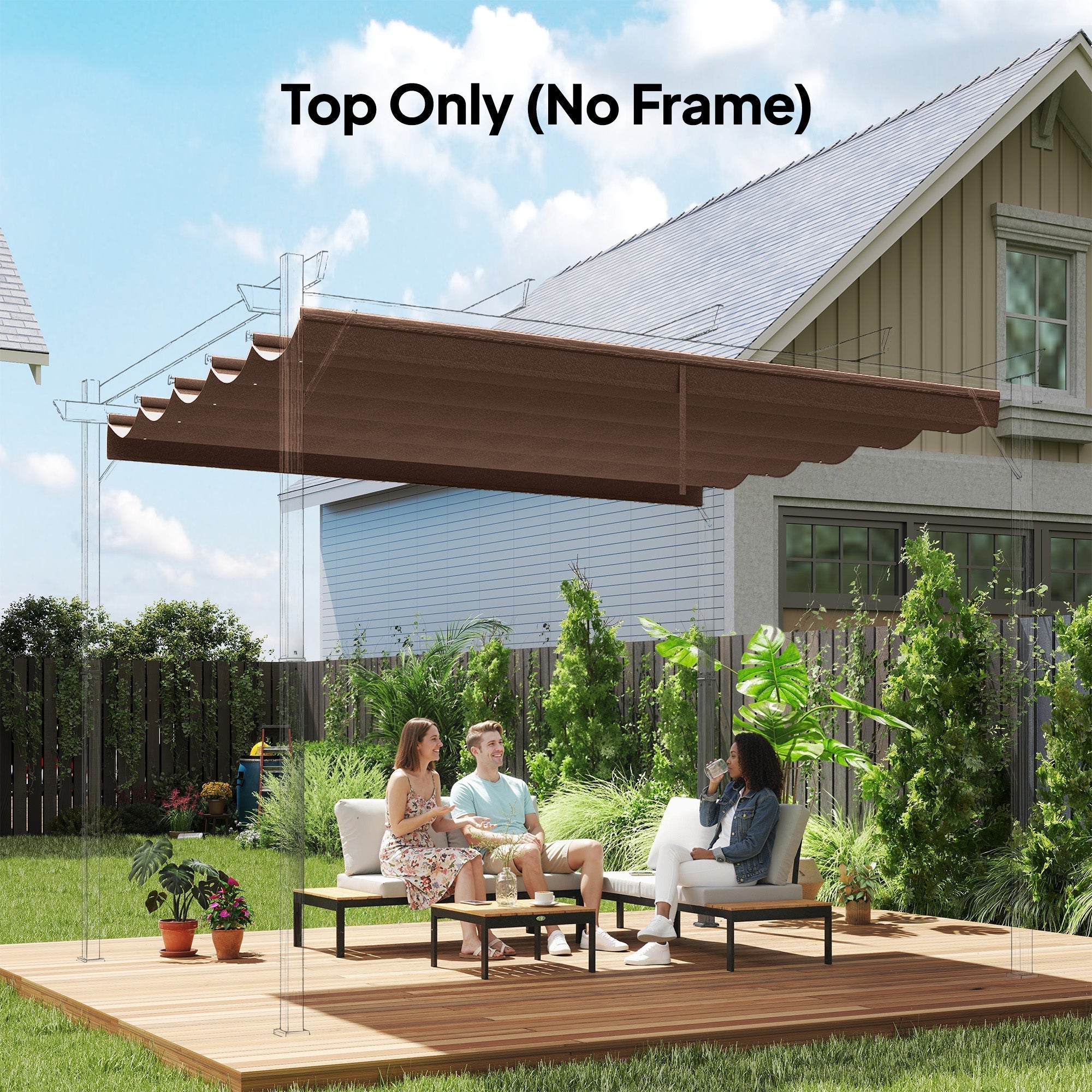 Brown outsunny retractable pergola cover with scalloped edge fabric designed for outdoor patio use and 3x3 m frame