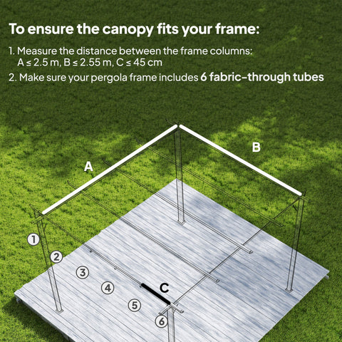 White metal pergola frame with labeled measurements for brown outsunny retractable pergola cover canopy fit
