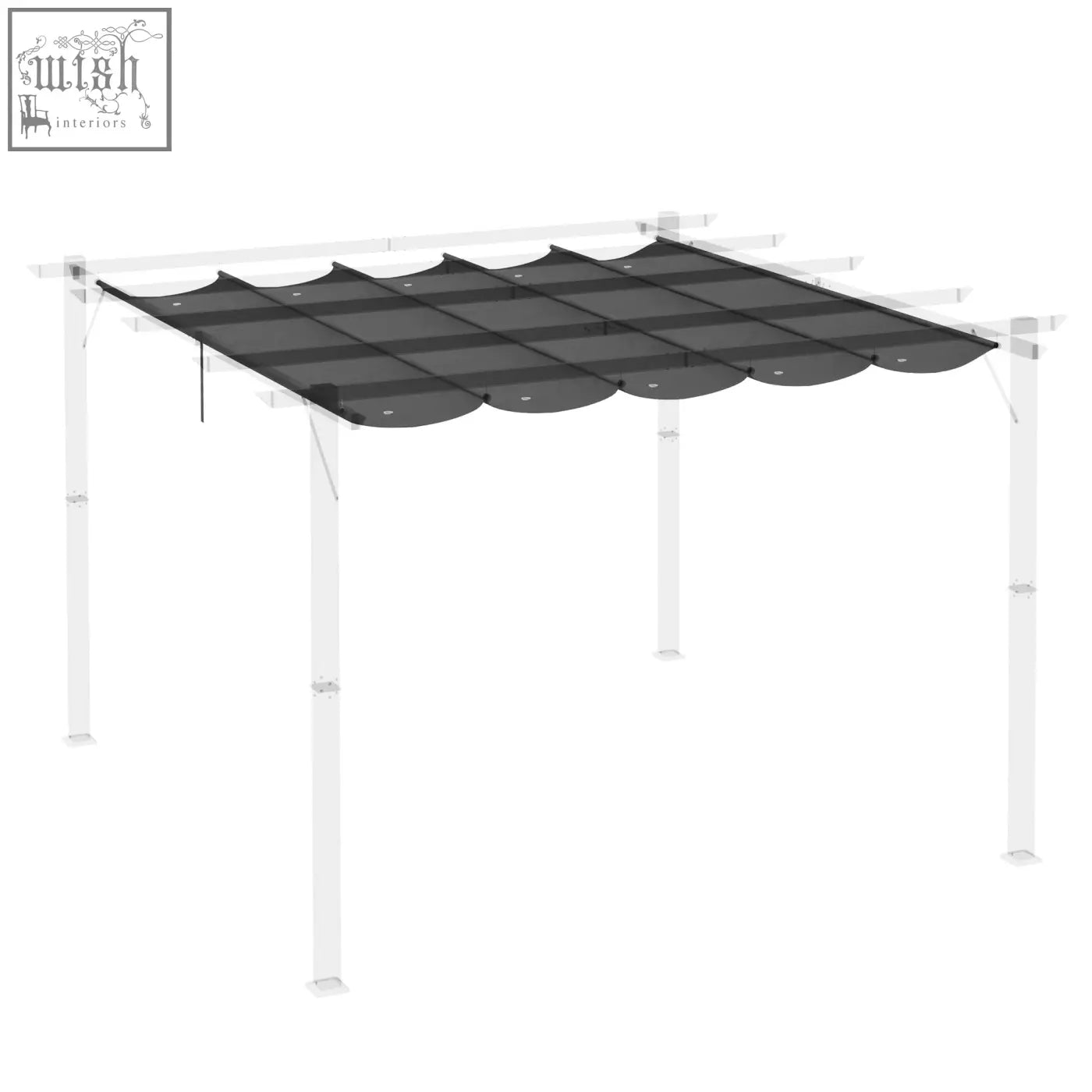 White metal pergola with dark grey scalloped fabric roof featuring plastic coating pergola shade cover
