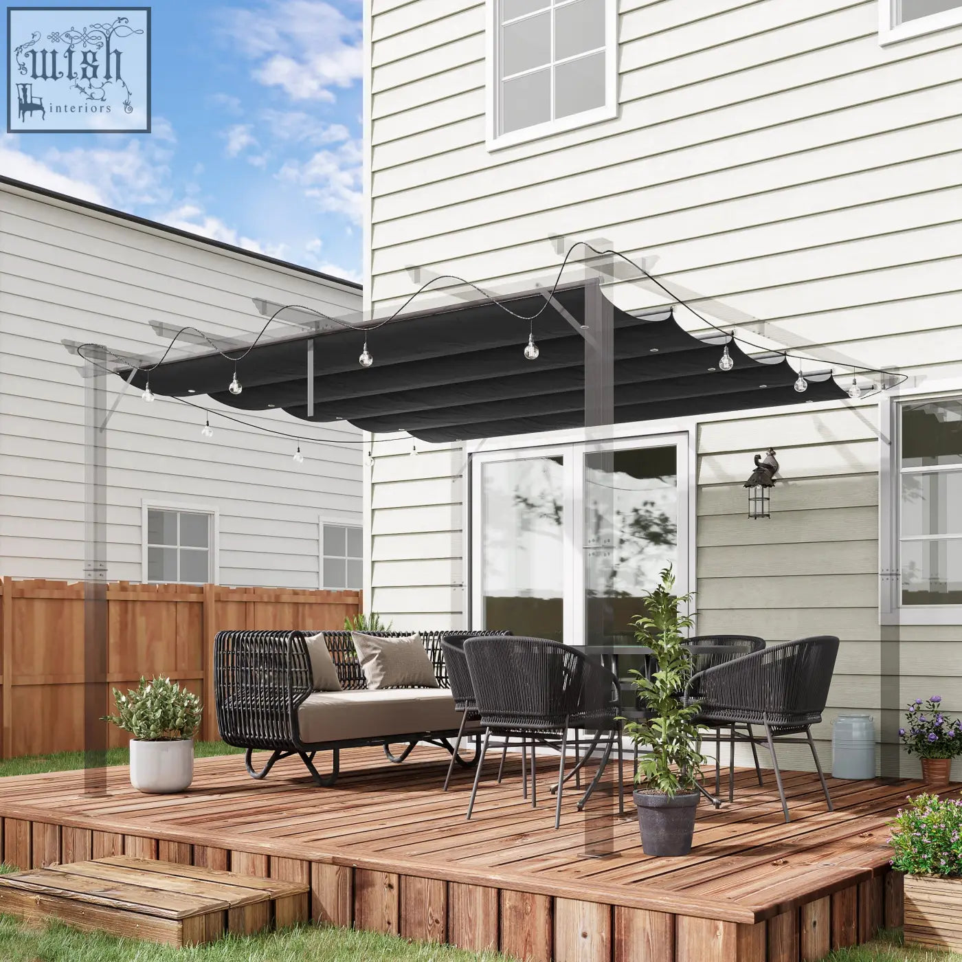 Dark grey outsunny pergola shade cover with plastic coating clear side panels and string lights for 3 x 3 meter pergola