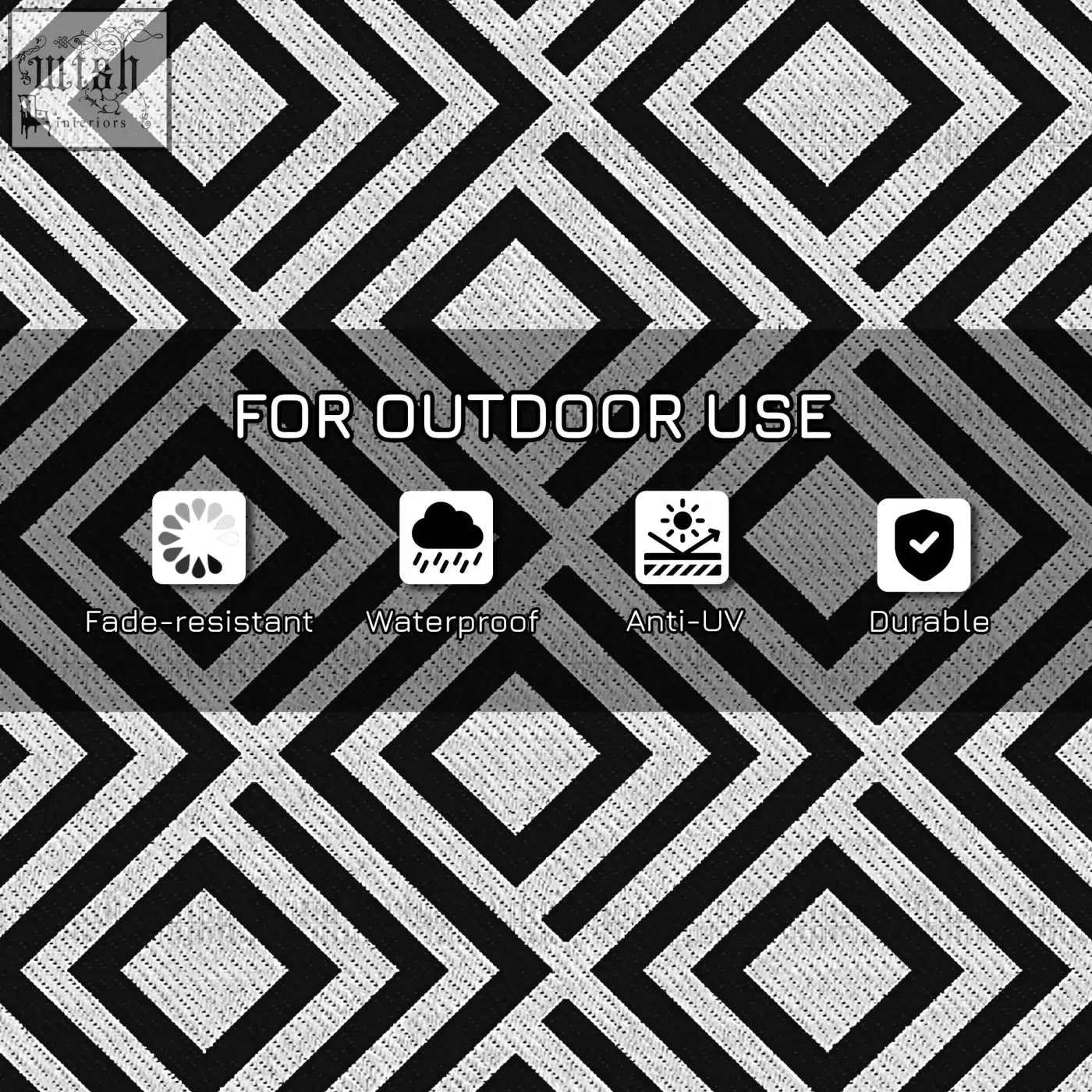 Black and white geometric patterned outsunny reversible outdoor rug made of woven plastic straw with carry bag for camping