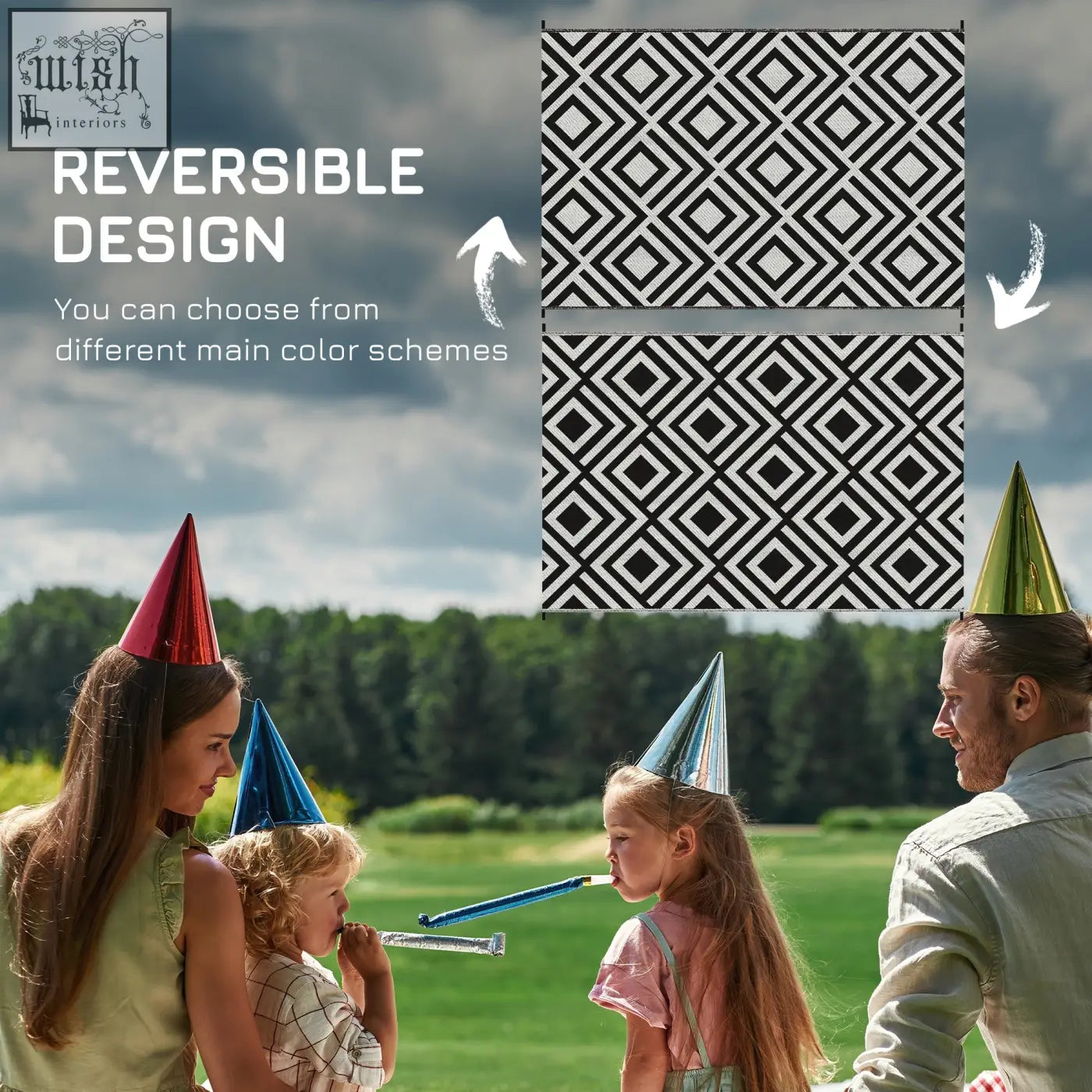 Outsunny reversible outdoor rug in black with plastic straw material carry bag and stakes for garden picnic beach use