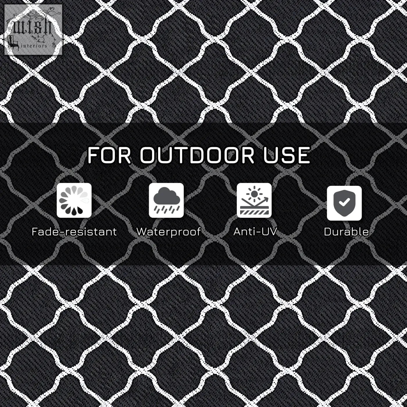 Black outsunny reversible outdoor rug with white geometric lattice pattern plastic straw mat carry bag included