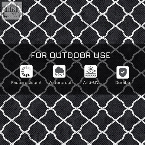 Black outsunny reversible outdoor rug with white geometric lattice pattern plastic straw mat carry bag included