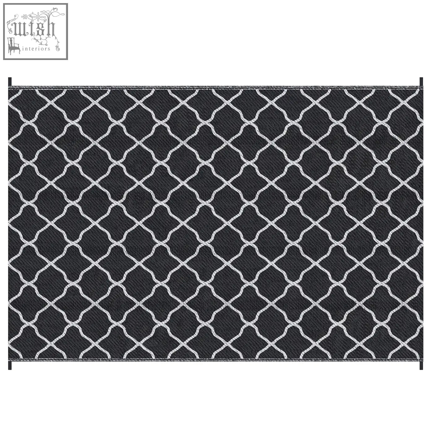 Black and white geometric patterned outsunny reversible outdoor rug with woven texture and carry bag for camping