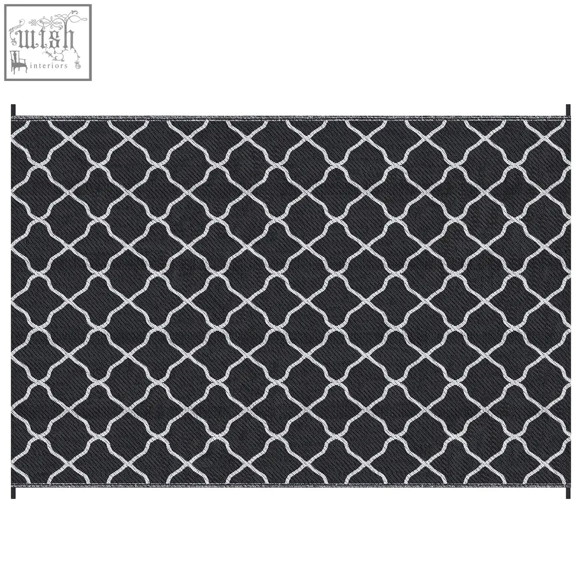 Black and white geometric patterned outsunny reversible outdoor rug with woven texture and carry bag for camping