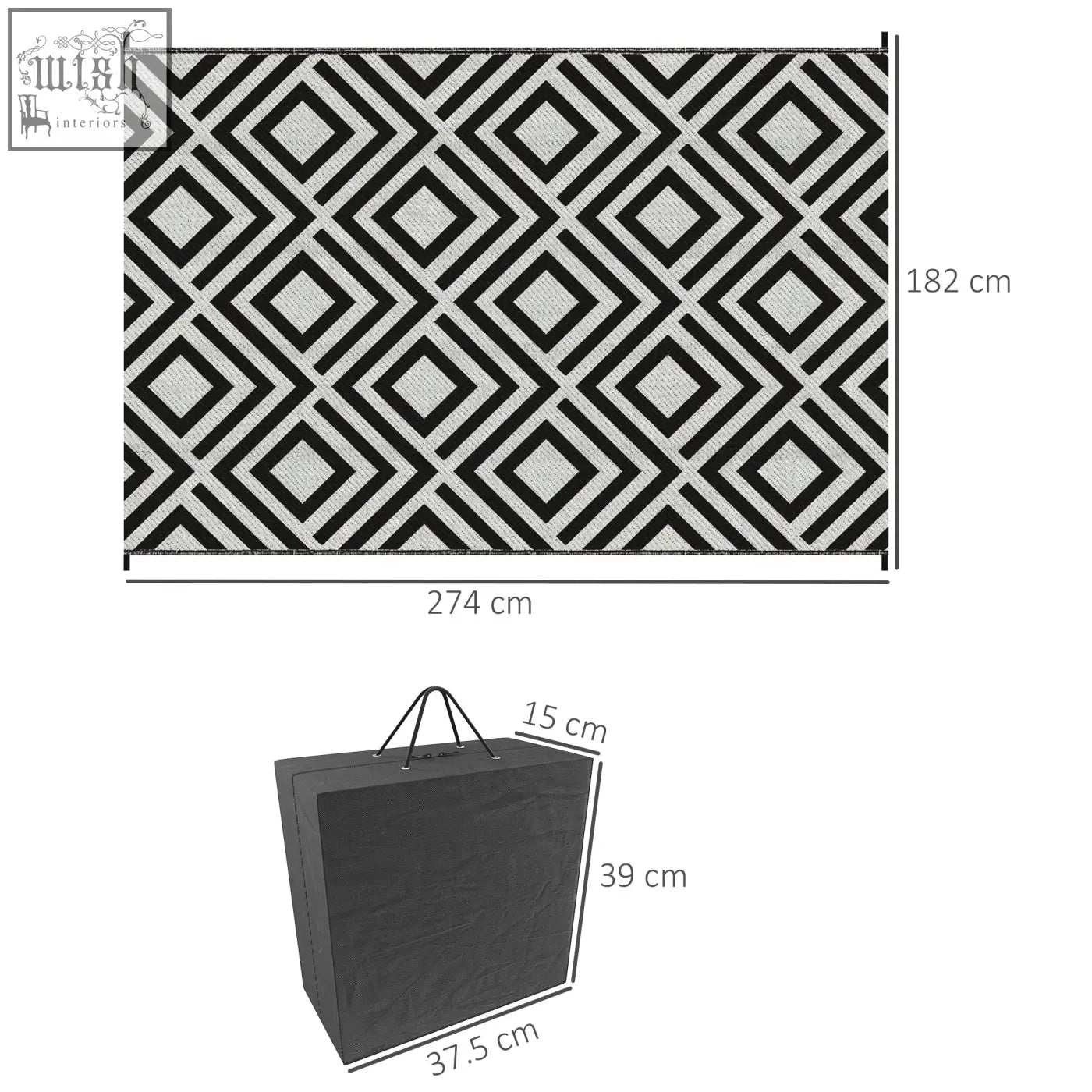 Black and white geometric patterned outsunny reversible outdoor rug made of plastic straw with carry bag for camping