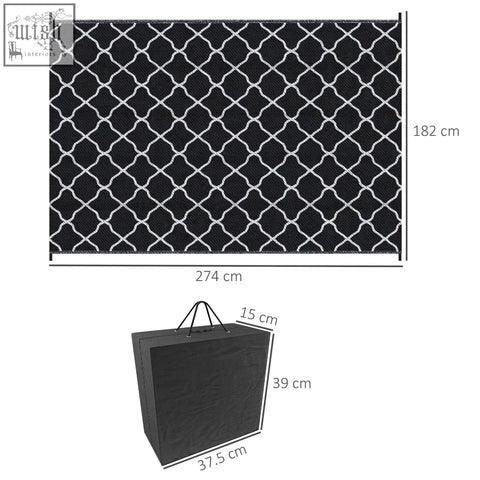 Outsunny reversible outdoor rug in black with white lattice pattern made of plastic straw includes carry bag for easy use