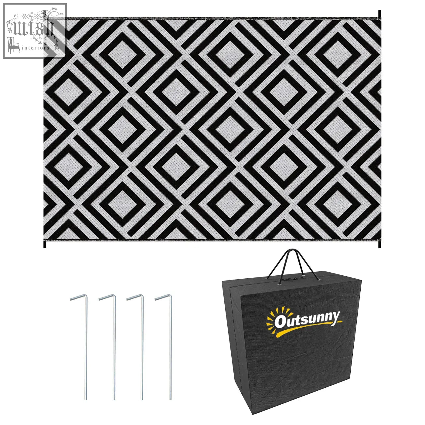 Black and white geometric patterned outsunny reversible outdoor rug made of plastic straw with carry bag for outdoor use