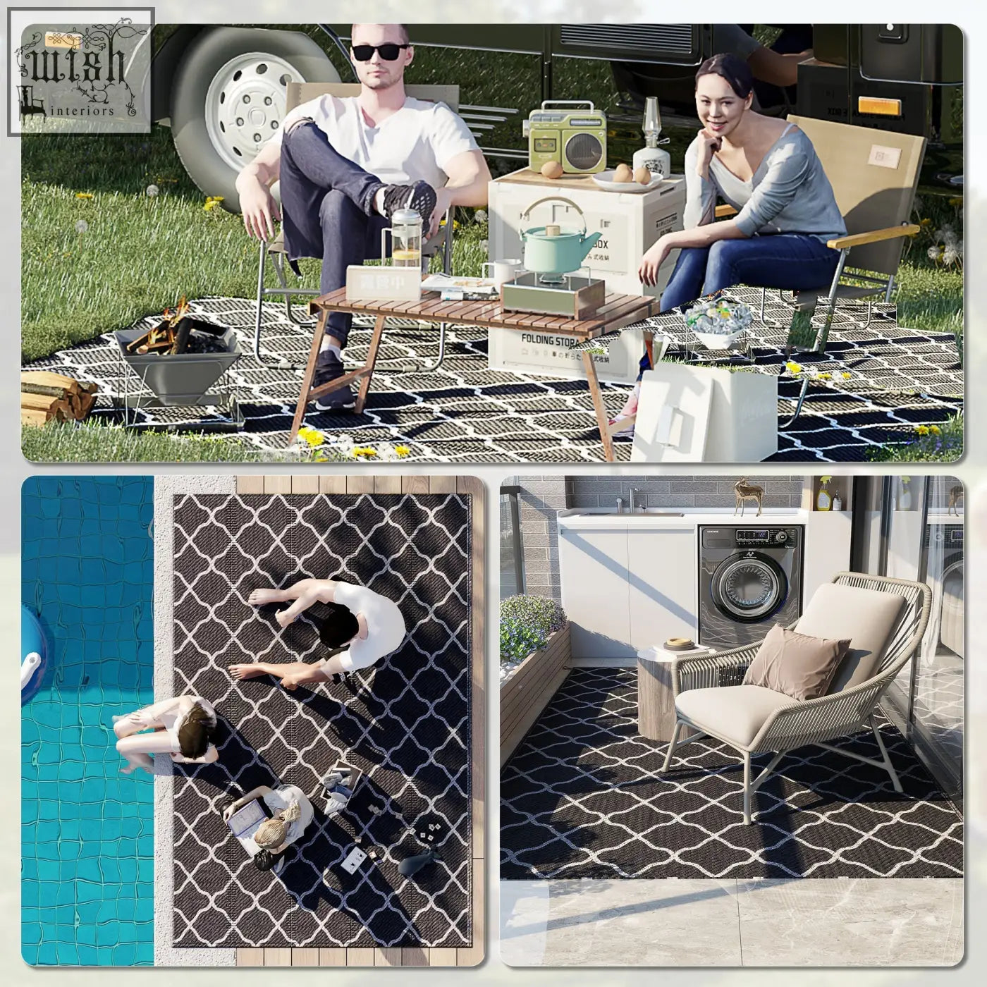 Black and white geometric patterned outsunny reversible outdoor rug made of plastic straw with carry bag for camping use