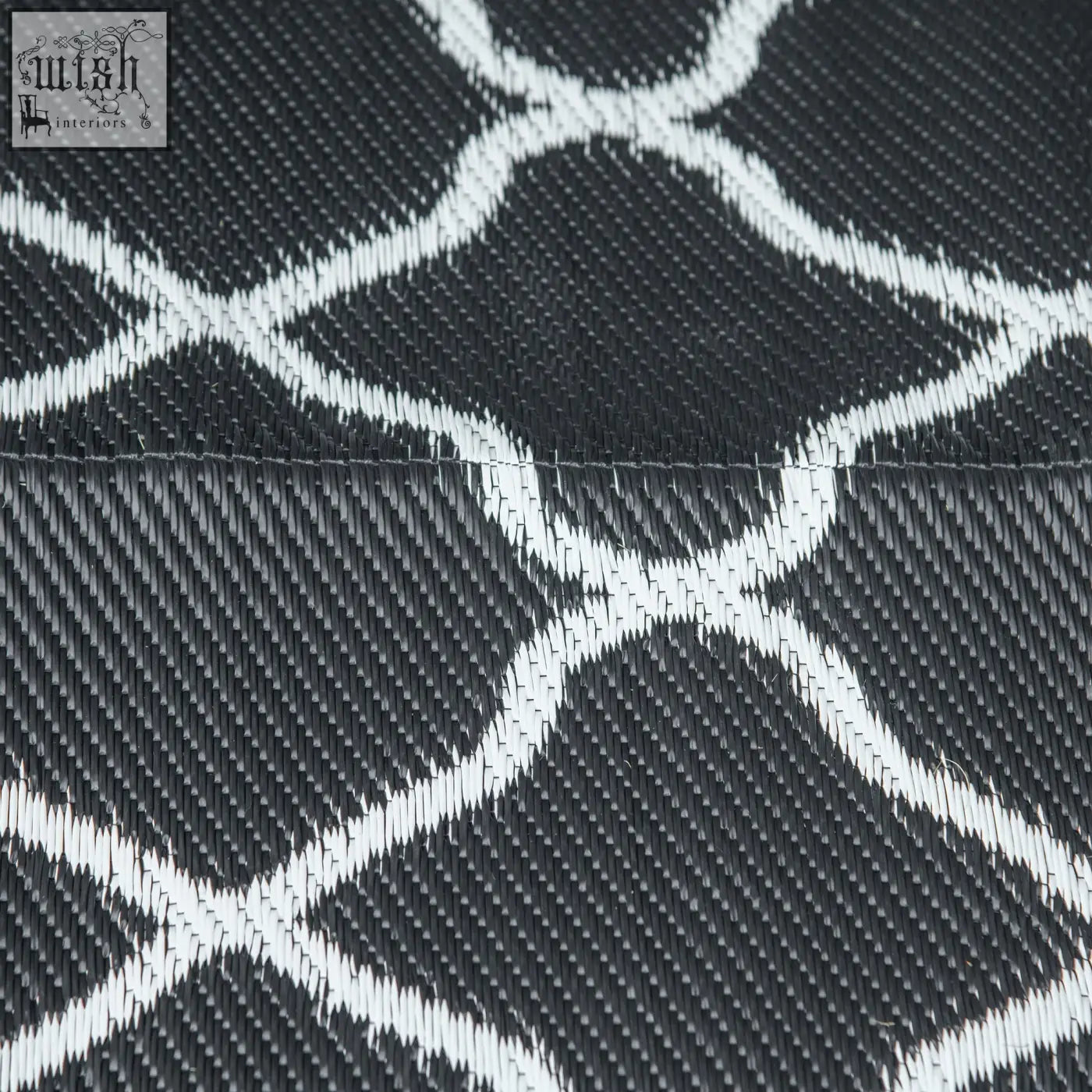 Black and white woven geometric lattice outsunny reversible outdoor rug with carry bag for garden camping beach use