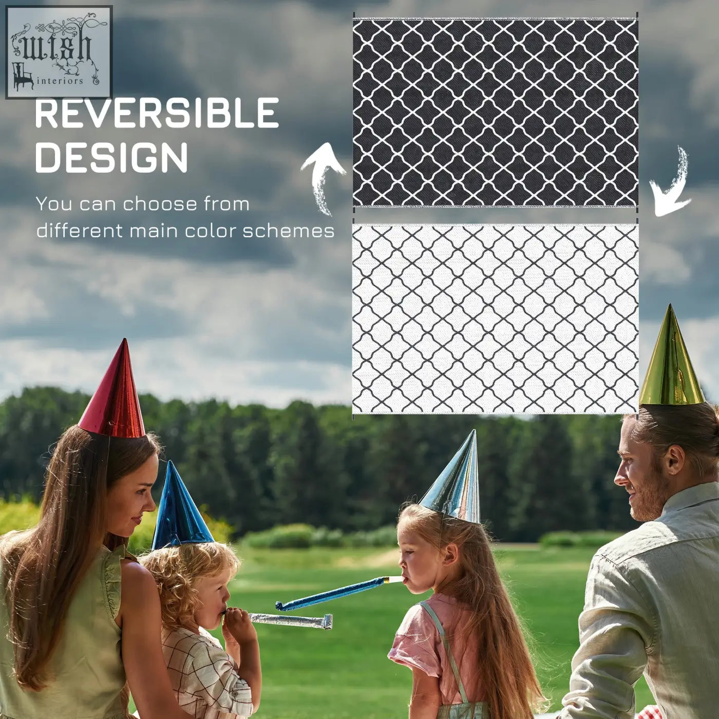 Outsunny reversible outdoor rug with metallic chain-link pattern reversible party hat in black and white with carry bag