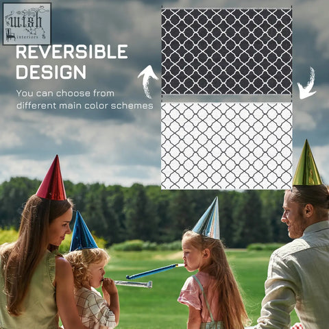 Outsunny reversible outdoor rug with metallic chain-link pattern reversible party hat in black and white with carry bag