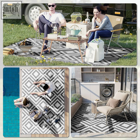 Black and white geometric patterned outsunny reversible outdoor rug made of plastic straw with carry bag for camping use