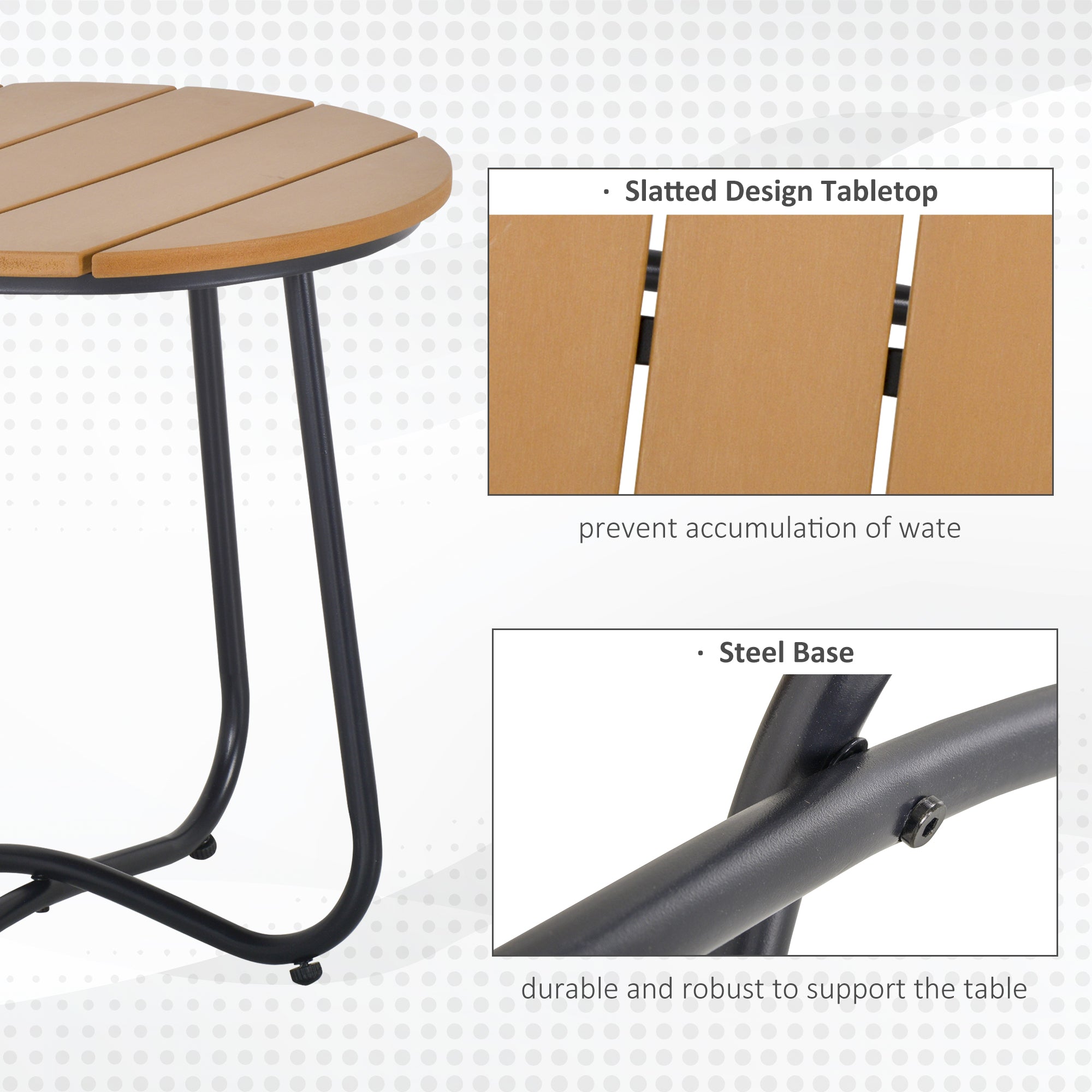 Outsunny round outdoor garden table with tan slatted wood top black solid steel legs and adjustable feet pad