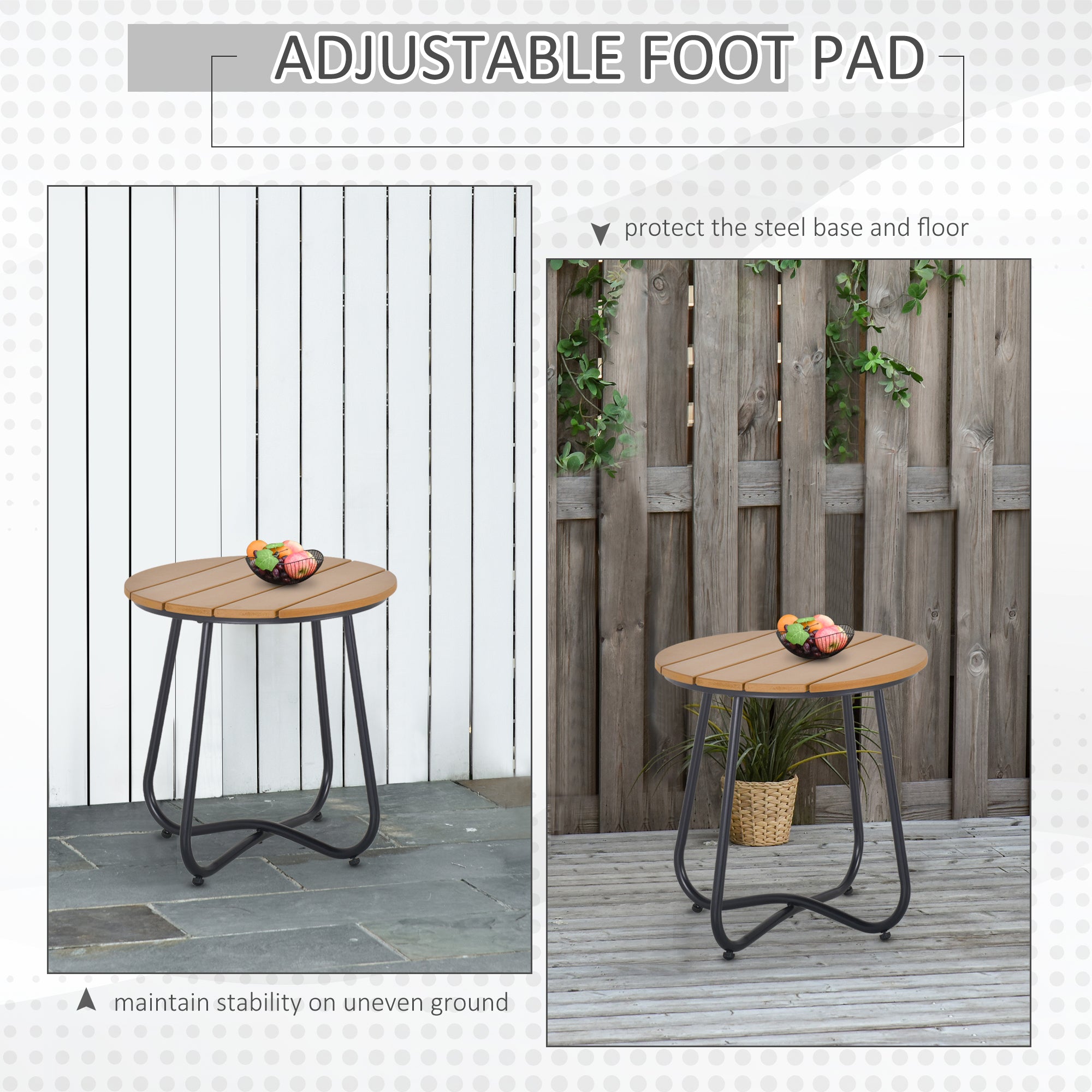 Outsunny round garden table with natural wood top, black solid steel legs, and adjustable feet pad for stability