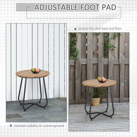 Outsunny round garden table with natural wood top, black solid steel legs, and adjustable feet pad for stability