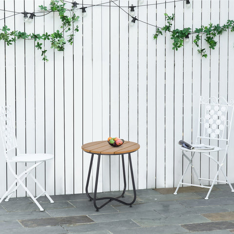 Outsunny round wooden garden table with solid steel black legs and adjustable feet pad for outdoor use