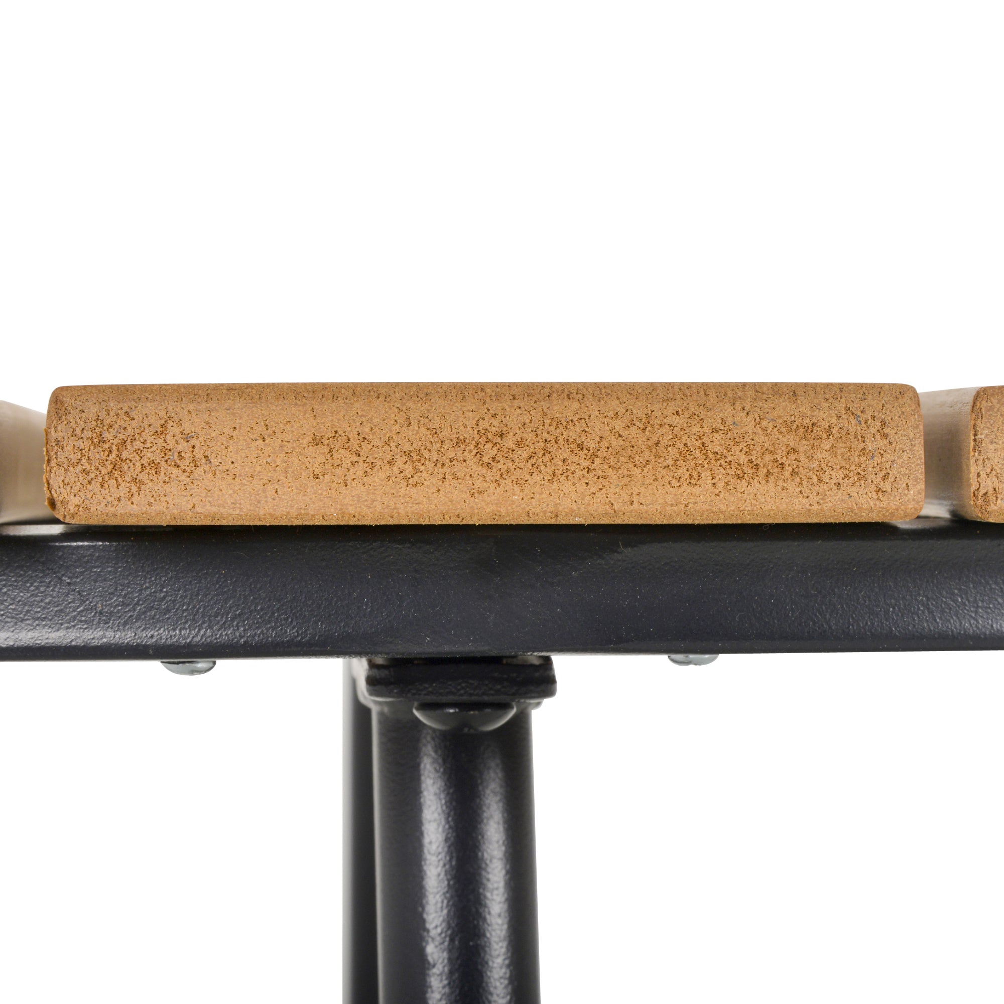 Brown cork handle resting on black solid steel frame of outsunny garden table with adjustable feet pad