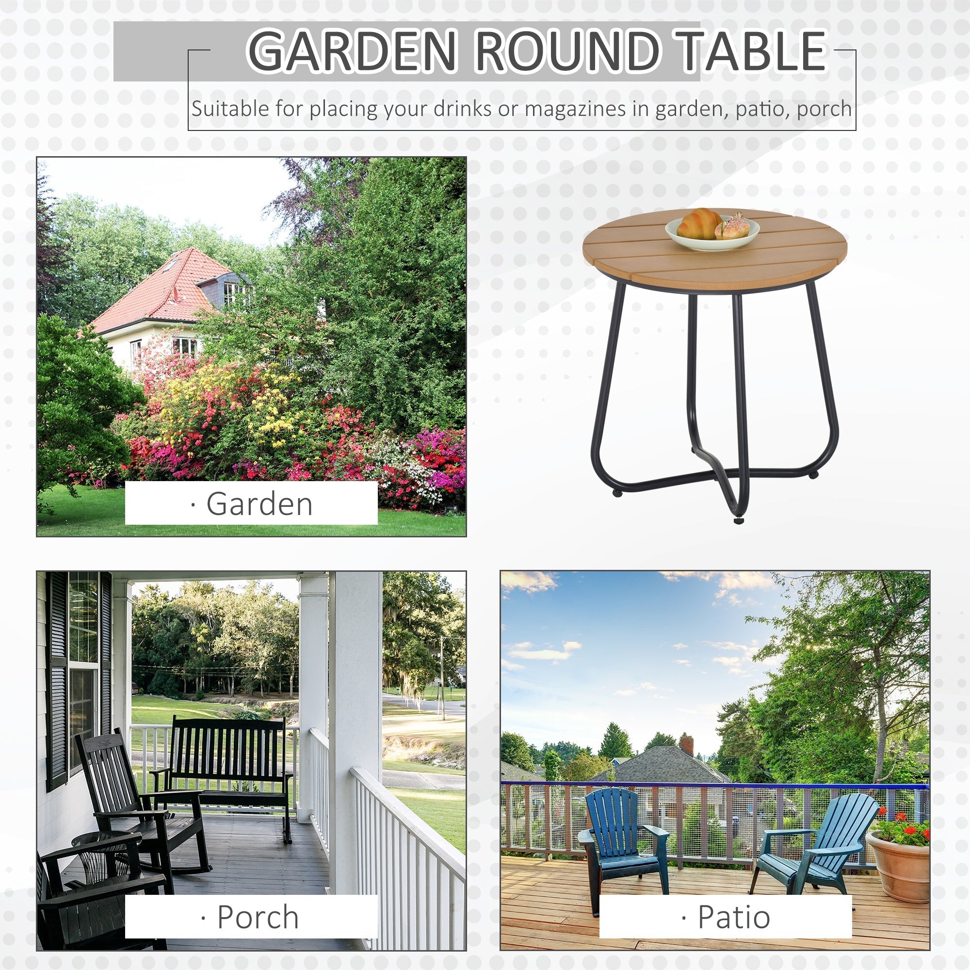 Outsunny round garden table with natural wood top, solid steel black legs, and adjustable feet pad for outdoor use