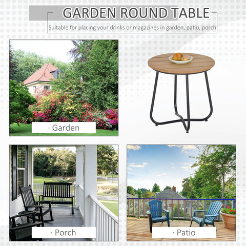 Outsunny round garden table with natural wood top, solid steel black legs, and adjustable feet pad for outdoor use