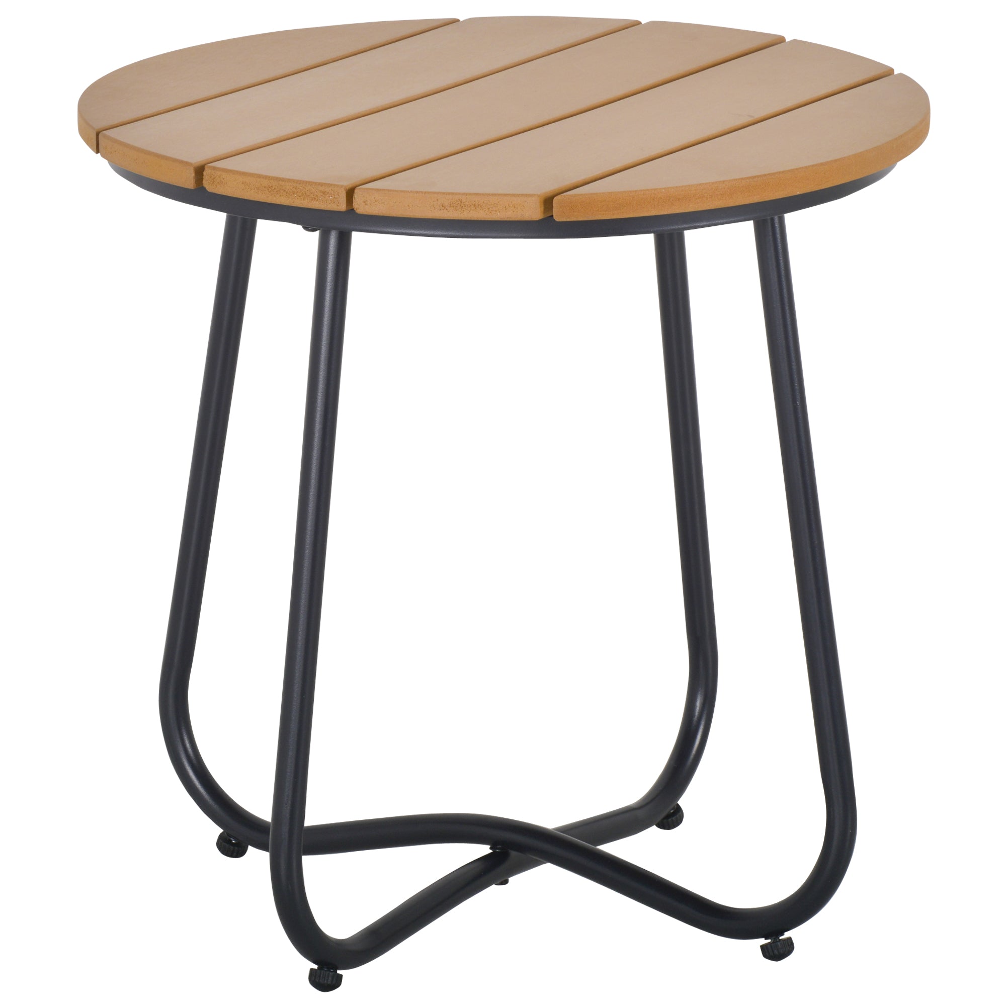Outsunny round outdoor garden table with light brown wooden top, black solid steel legs, and adjustable feet pad