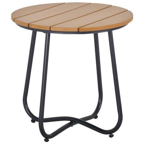 Outsunny round outdoor garden table with light brown wooden top, black solid steel legs, and adjustable feet pad