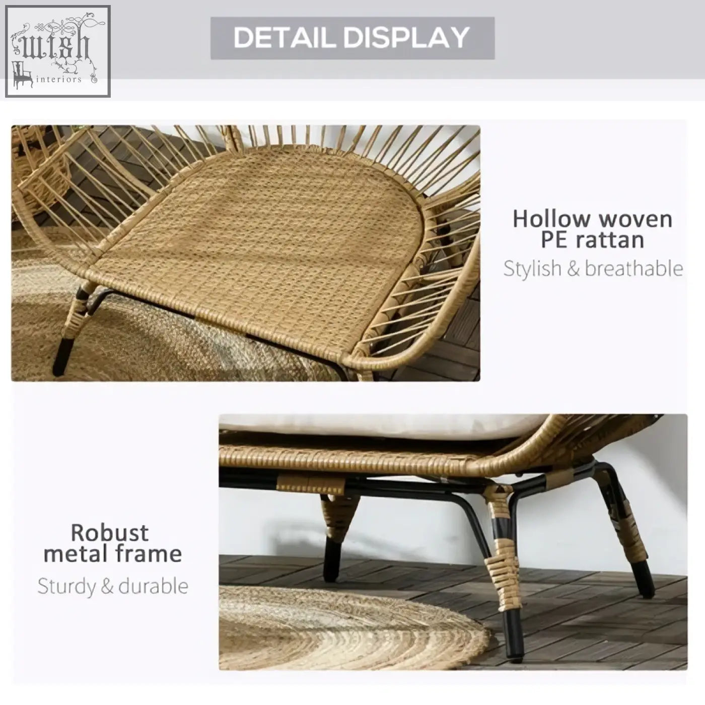Outsunny round pe rattan outdoor egg chair khaki with hollow woven design and sturdy metal frame featuring adjustable foot knobs