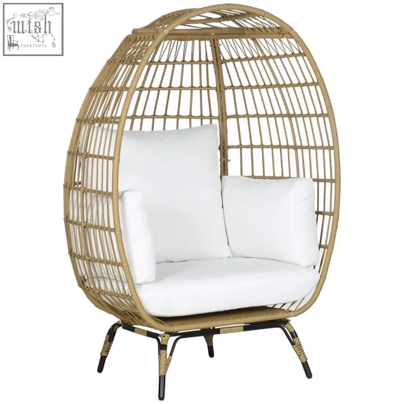 Outsunny round pe rattan outdoor egg chair with white cushions black metal legs and adjustable foot knobs in khaki