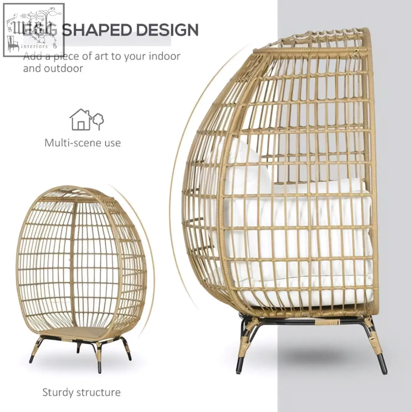 Outsunny egg chair with natural beige wicker frame white cushions and adjustable foot knobs for outdoor garden use