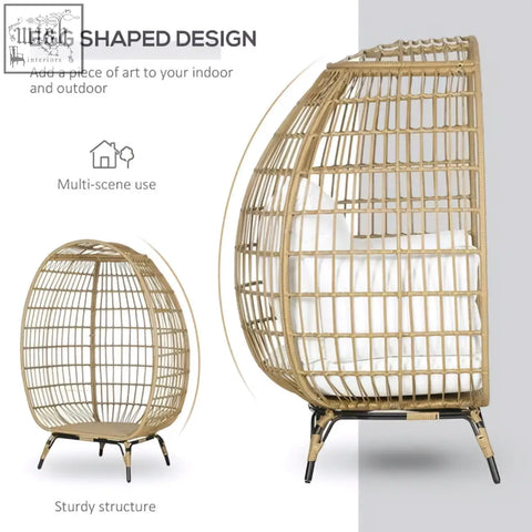 Outsunny egg chair with natural beige wicker frame white cushions and adjustable foot knobs for outdoor garden use