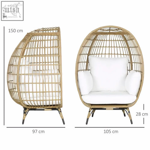 Beige woven rattan egg chair with white cushions and adjustable foot knobs for outdoor garden use by outsunny