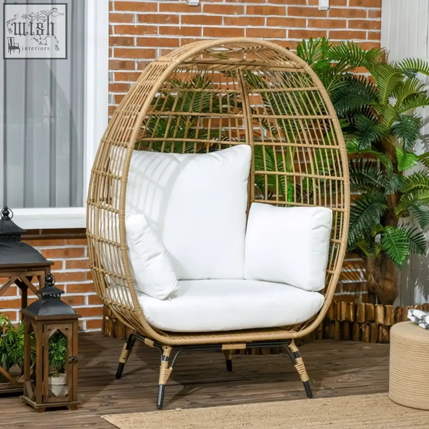 Outsunny round pe rattan outdoor egg chair with white cushions and adjustable foot knobs in khaki color