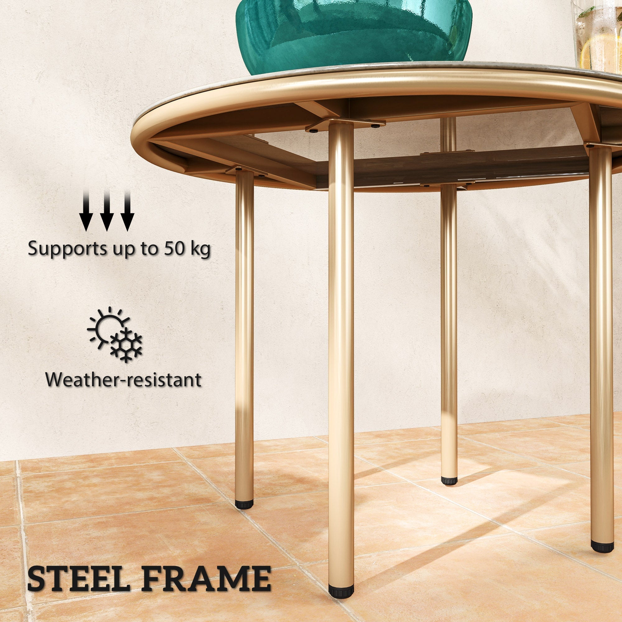 Outsunny round small garden table with gold-finished steel frame, faux marble tempered glass top, and black rubber feet for patio use