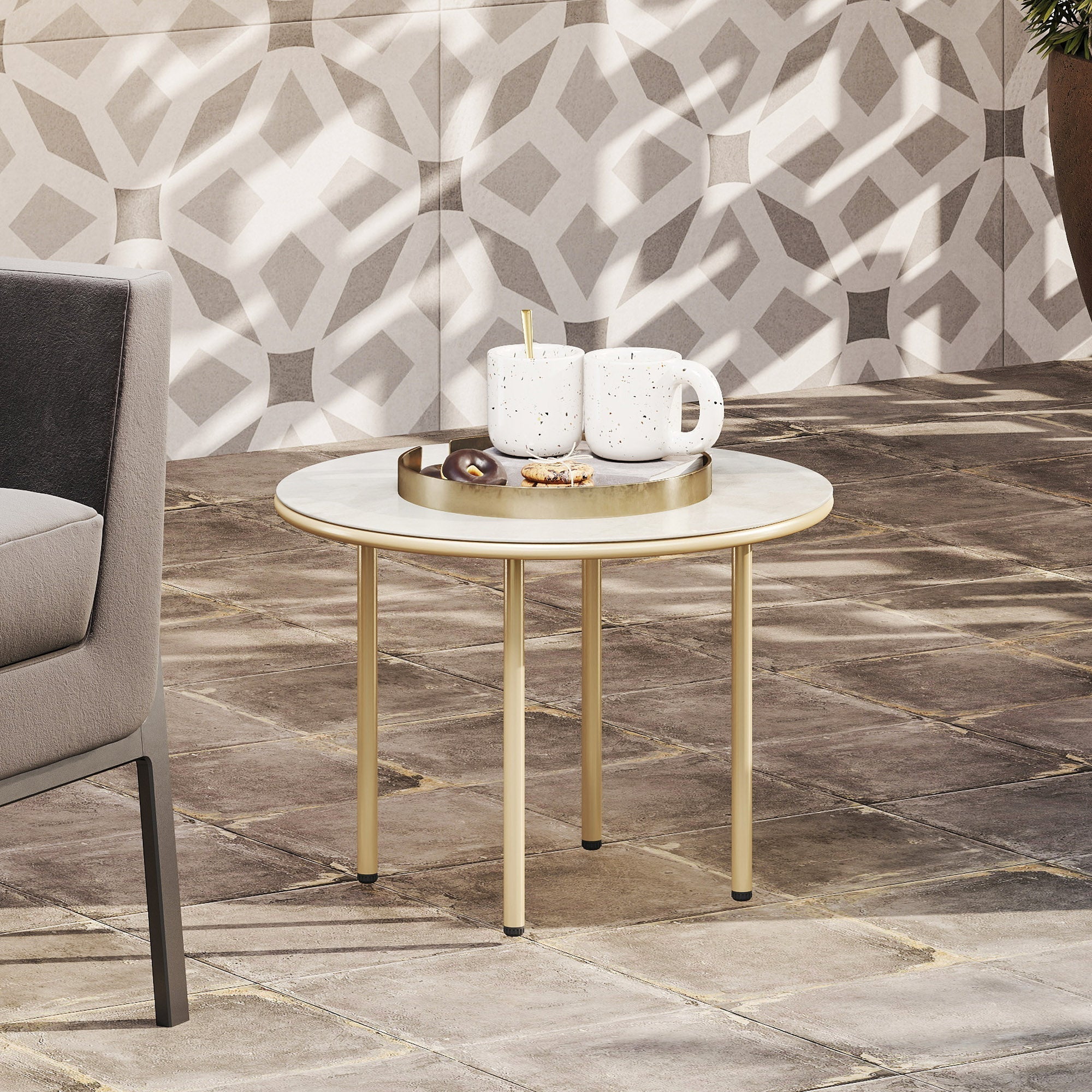 Outsunny round small garden table with beige faux marble tempered glass top and gold-tone steel legs perfect as a patio end table