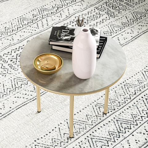 A sleek white ceramic vase on an outsunny beige patio end table with tempered glass faux marble top and steel frame