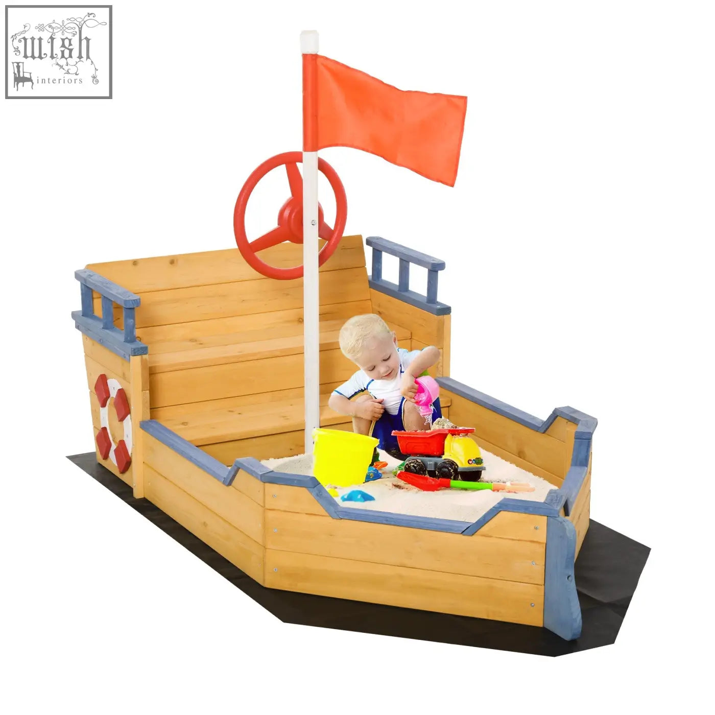 Outsunny wooden pirate ship sand pit in fir wood with blue trim red flag steering wheel and sand pit features for kids backyard play